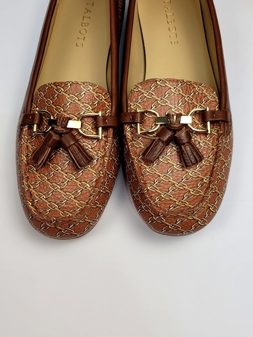 Talbots Leather Loafers Size 8M Brown Chain Print Tassel Flats - Picture 2 of 6